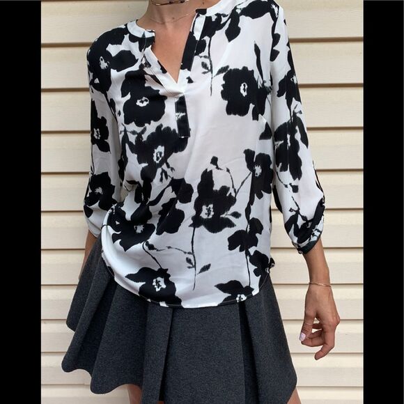Daniel Rainn Black/white blouse, V-neck, long-sleeved, beautiful, elegant, S/M - Picture 5 of 11